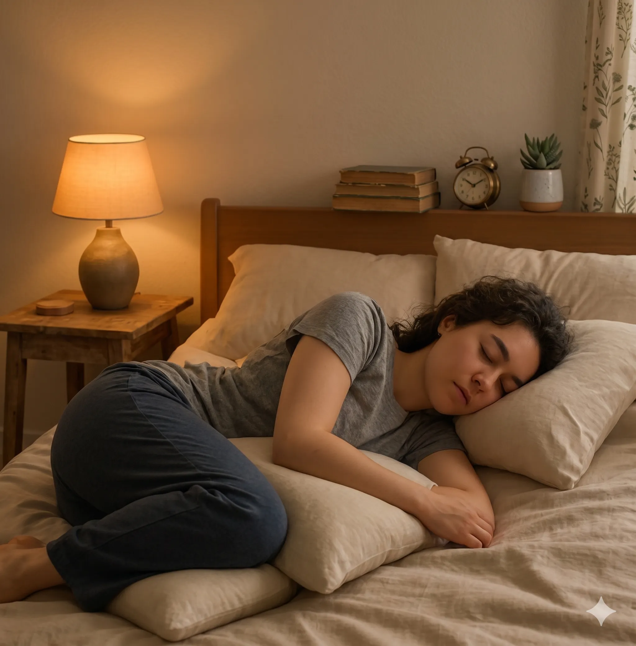 Person sleeping on their side with a pillow between their knees to relieve sciatica pain