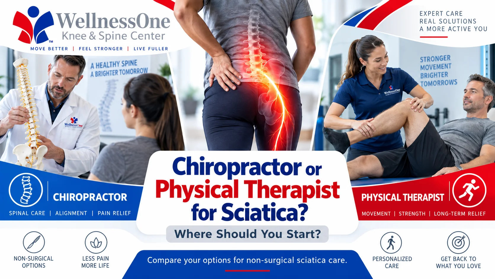 WellnessOne Knee and Spine Center promotional banner comparing chiropractor versus physical therapist treatment options for sciatica with images of spinal care consultation and physical therapy session