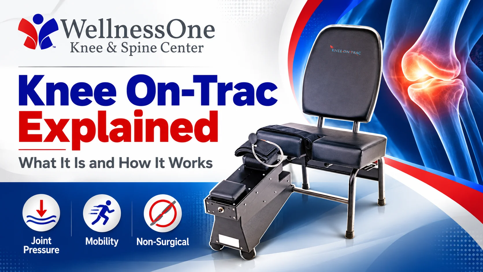 WellnessOne Knee and Spine Center promotional graphic explaining the Knee On-Trac device, a non-surgical treatment machine designed to reduce joint pressure and improve mobility