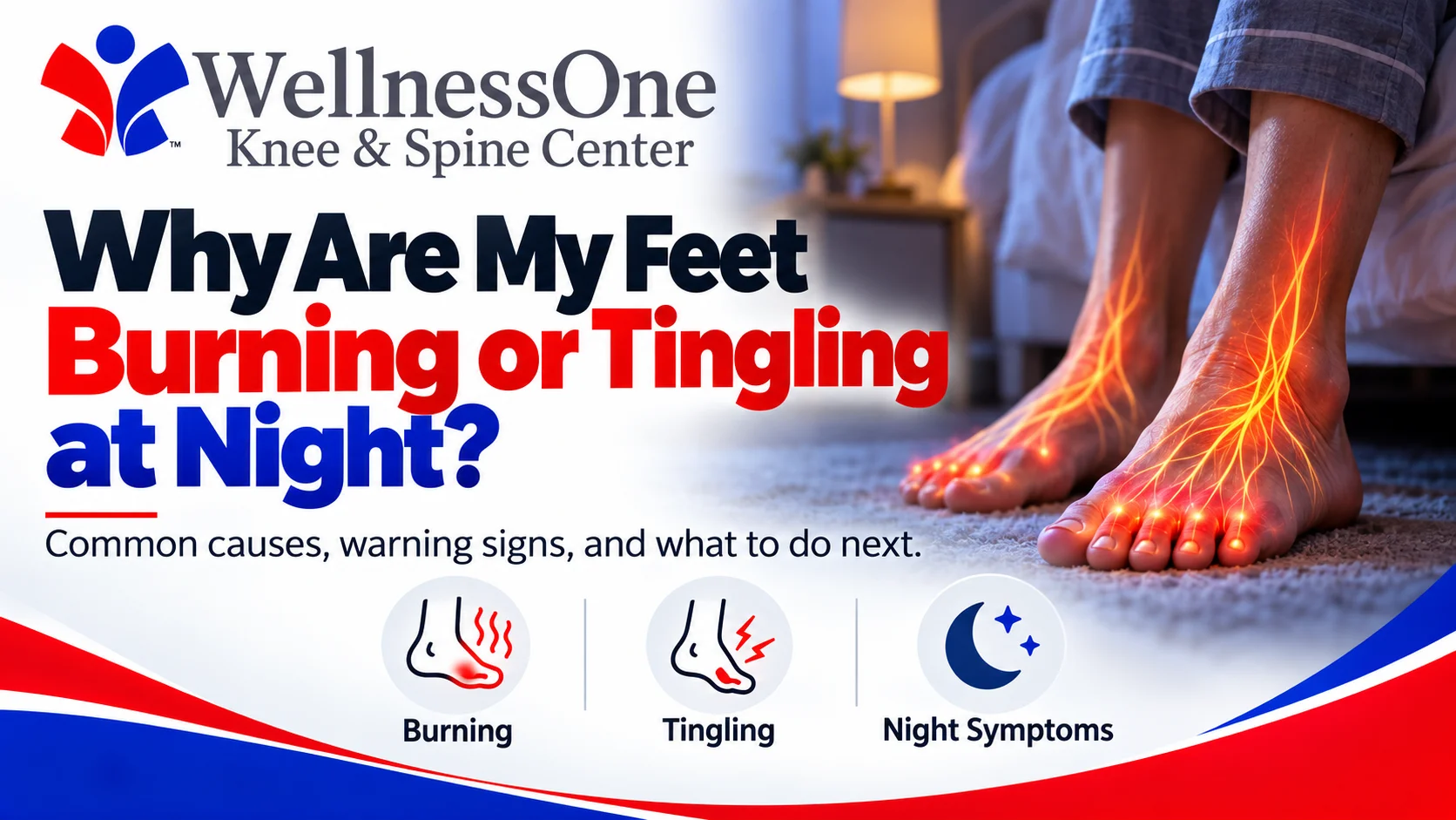 Infographic from WellnessOne Knee and Spine Center titled Why Are My Feet Burning or Tingling at Night featuring illustrated feet with glowing nerve pain indicators and icons representing burning, tingling, and night symptoms
